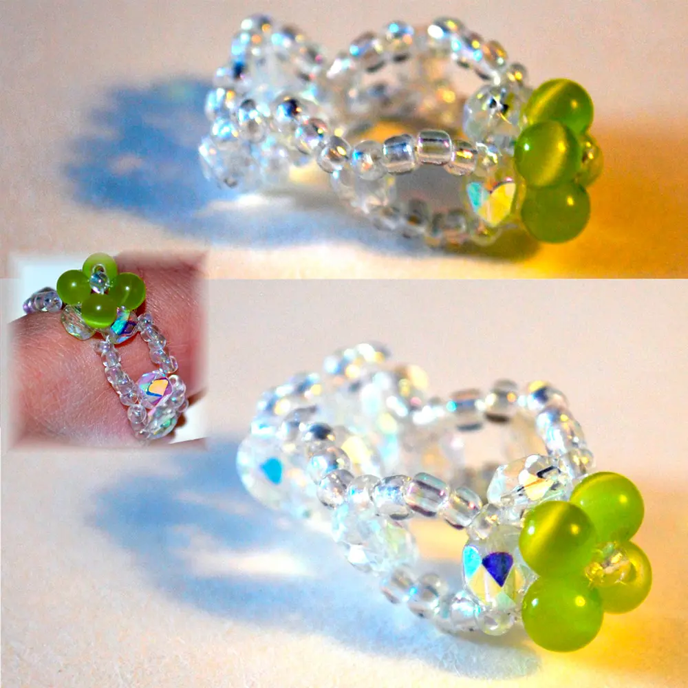Bague en perle transparent et vert
