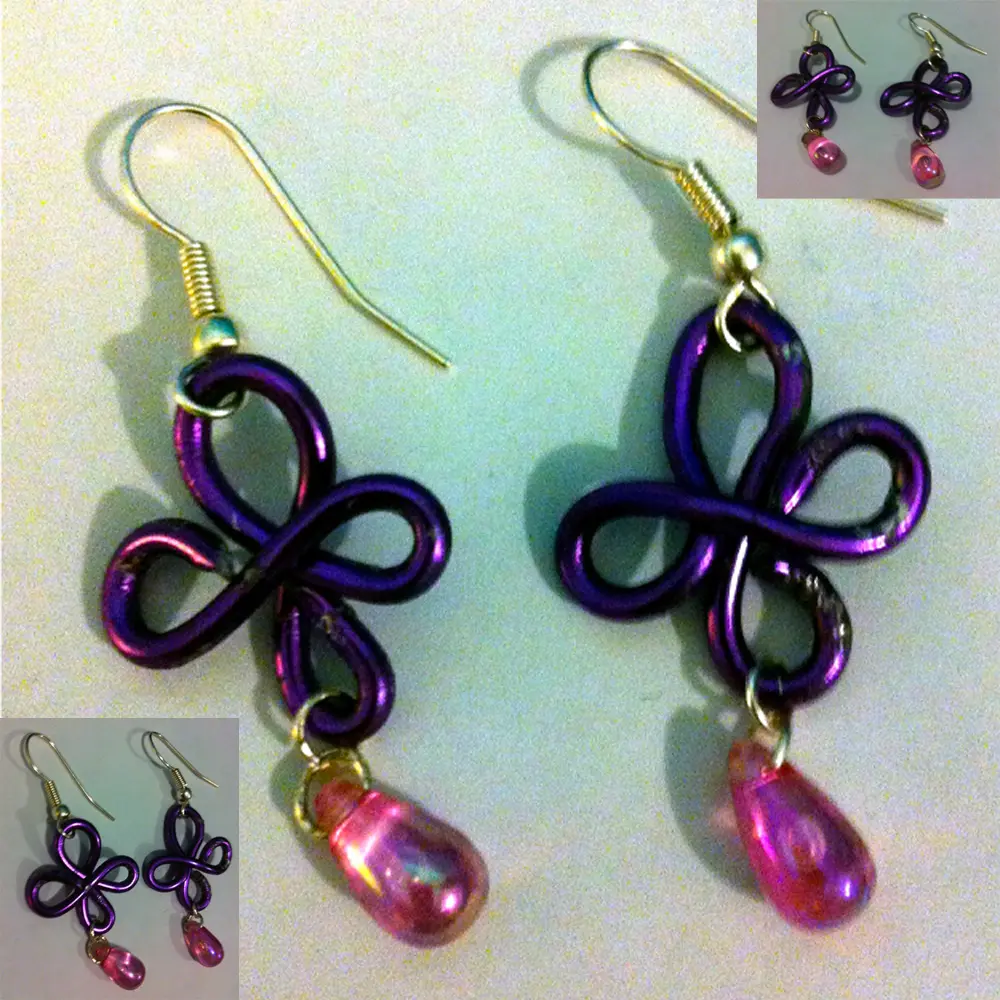 Boucle d'oreille en perle rose et torsade violette